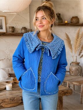 The “Millie” Blue Quilted Women's Jacket with Floral Collar